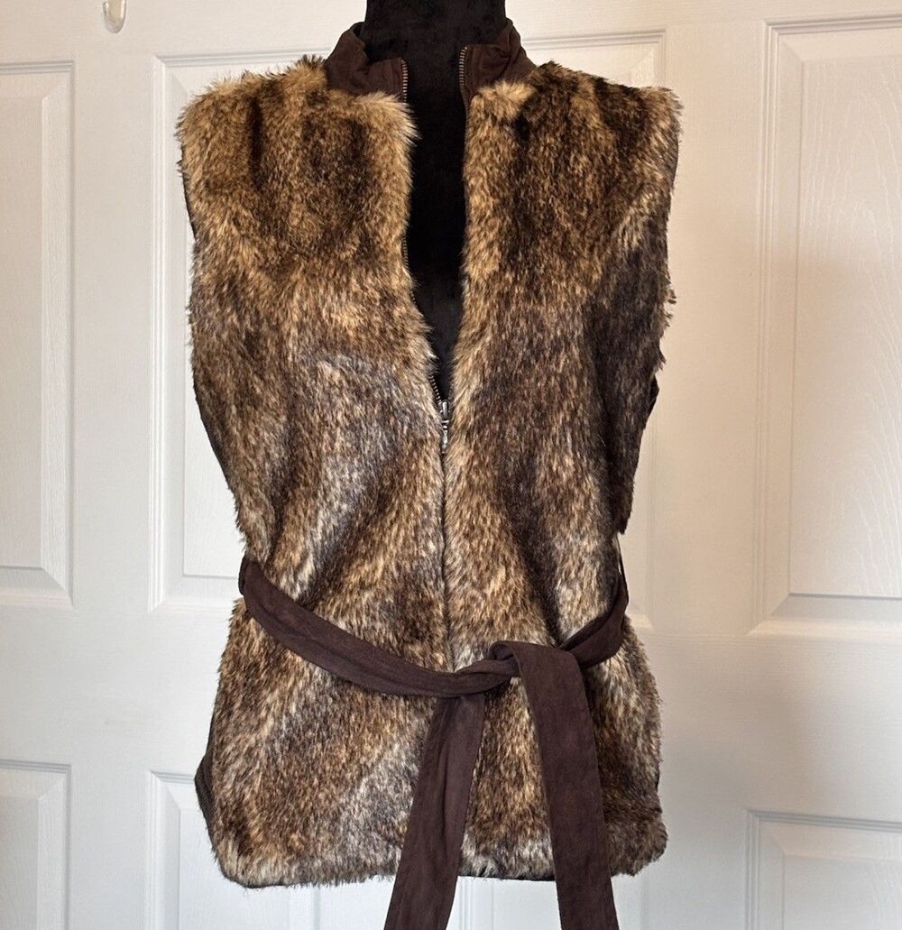THE LIMITED Women's Brown Faux Fur Full Zip Vest Knit Back Belted Size XS